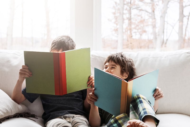 2024 Heat Pump Buying Guide for Sunriver, OR Homes. Shot of two brothers reading books while relaxing together on the sofa at home